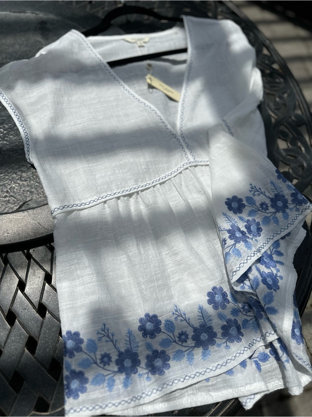 Max Studio White Tunic with Blue Floral Embroidery and Decorative Stitching NWT